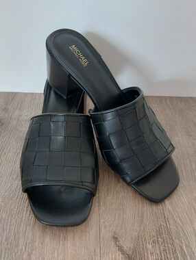 Michael Kors Ingrid Woven Leather Mules Black Size 8.5 Women's